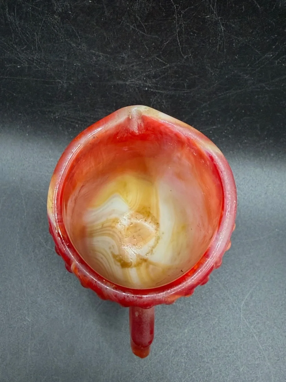Vintage Marbled Slag Glass Creamer Floral Motif Mini Pitcher Jug Vessel Decor